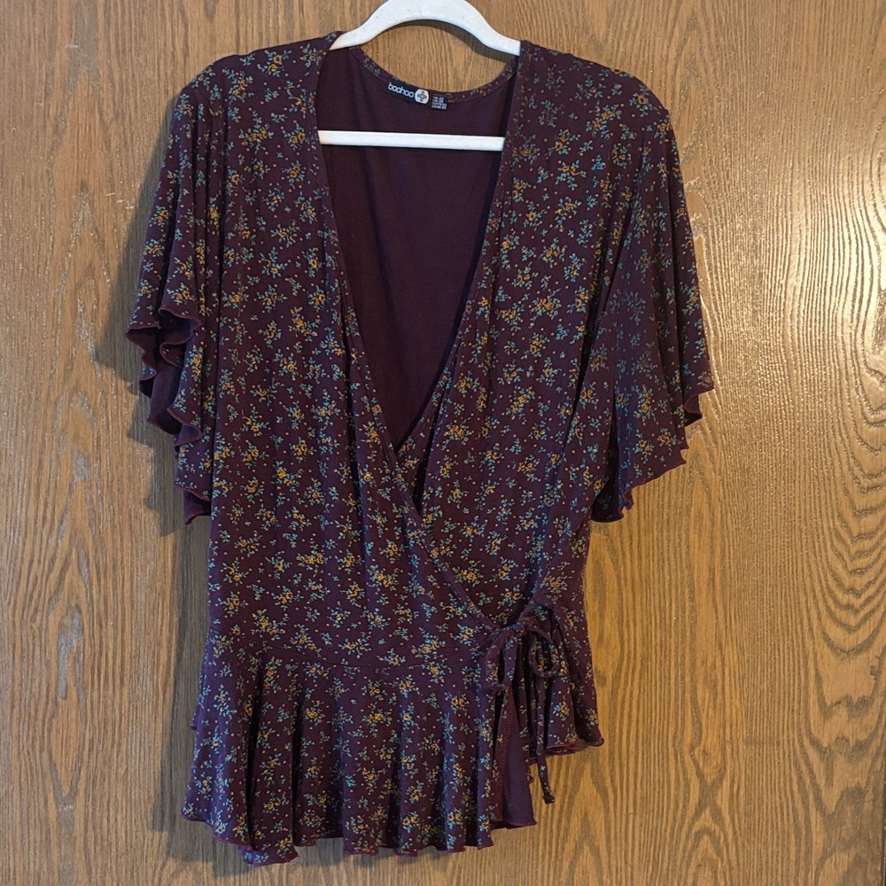 Boohoo Burgundy Floral Wrap Blouse Size 20